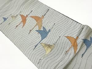 服部織物製　こはく錦手工芸群鶴によろけ横段模様織出し袋帯
